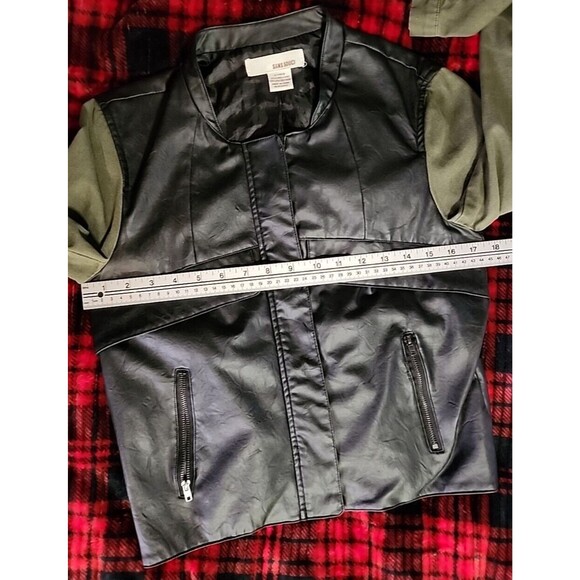 Sans Souci Black Faux Leather Green Army Sleeves Hidden Zip Jacket - Size Small - Picture 7 of 14